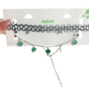 Claire's Black and Silver Choker Set with Green Charms